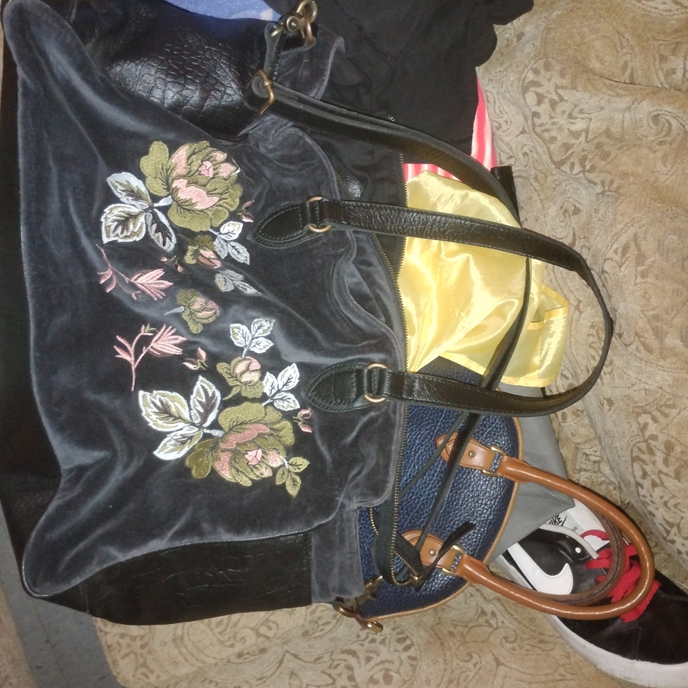 Free People Black Velvet Tote with Floral Embroidery